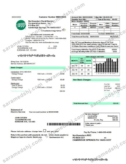 USA Northwestern Rural Electric utility bill template, fully editable in Word and PDF format